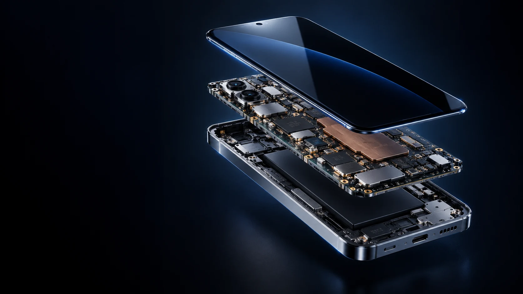 Composition artistique d’un smartphone et de ses composants, éclairés de bleu